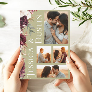 Convites Foto Collage Burgundy Floral Sage Casamento Verde