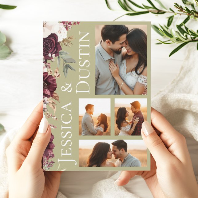 Convites Foto Collage Burgundy Floral Sage Casamento Verde (Modern Burgundy Sage Green Photo Collage Wedding Invitation)
