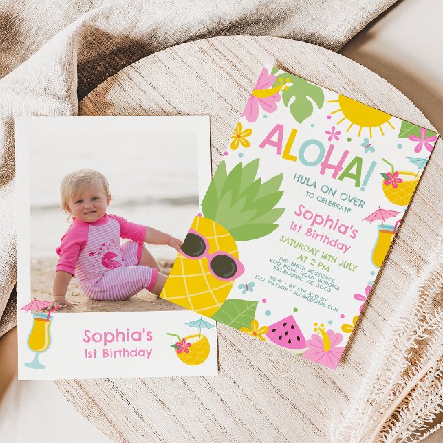Convites Foto Colorida Pineapple Aloha Aloha Aniversário (Editable Aloha Birthday Invitation, Hawaiian Theme Birthday Party Invitation Template, Summer )