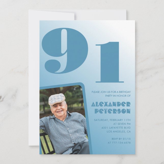 Convites Foto com Gradiente Azul Retro aniversário de 91rua (Frente)