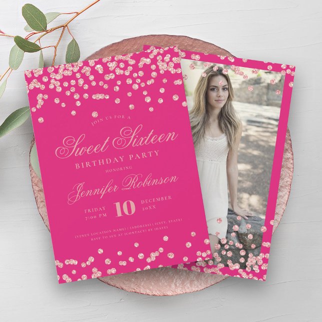 Convites Foto Confetti, cor-de-rosa quente, rosa Dourada, S (Rose Gold Hot Pink Confetti Photo Sweet 16 Invitation)