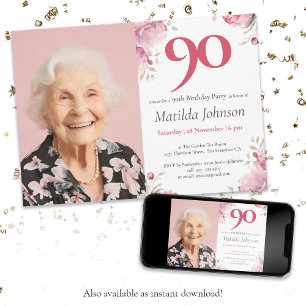 Convites Foto cor-de-água rosa 90 Floral Aniversário