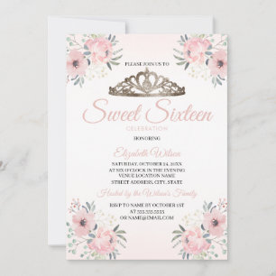 Convites Foto Cor-de-Rosa Blush Floral Elegante Sweet 16 Co