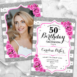 Convites Foto Cor-de-Rosa Branca de Prata Floral 50º Aniver<br><div class="desc">Elegante, floral, 50º aniversário feminino com sua foto no final do cartão. Design cor-de-vidro branco, rosa com prata brilhante. Apresenta faixas, rosas cor-de-rosa-bebê, fontes de script e confetti. Perfeito para uma festa de comemoração de na moda adulto. Personalize com seus próprios detalhes. Pode ser personalizado para qualquer idade! Impressos convites...</div>