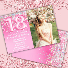 Convites Foto cor-de-rosa com brilho 18º aniversário