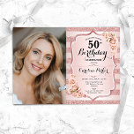 Convites Foto cor-de-rosa Dourada Elegante 50º aniversário<br><div class="desc">Elegante convite floral feminino para o 50º aniversário com sua foto. Design cor-de-rosa com brilho brilhante, com ouro rosa. Recursos stripes, rosa vermelha, fonte de script e confetti. Perfeito para uma festa de comemoração de na moda adulto. Personalize com seus próprios detalhes. Pode ser personalizado para qualquer idade! Impressos convites...</div>