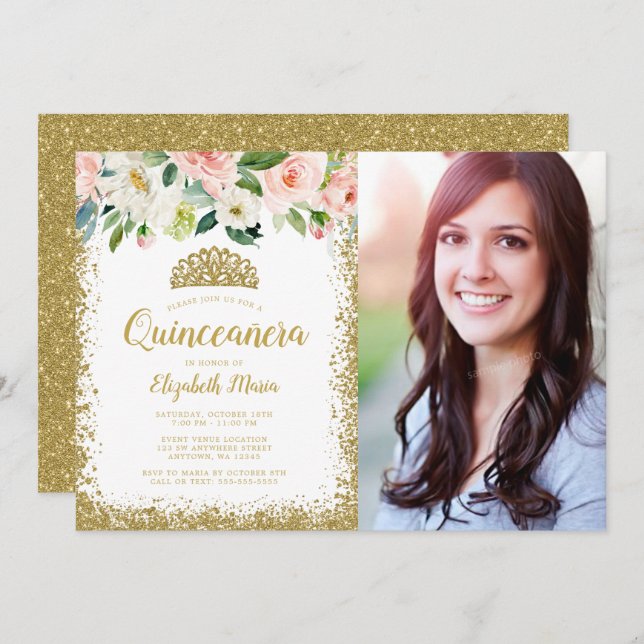 Convites Foto cor-de-rosa Dourada, Glitter Tiara Quinceaner (Frente/Verso)