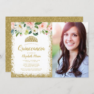 Convites Foto cor-de-rosa Dourada, Glitter Tiara Quinceaner