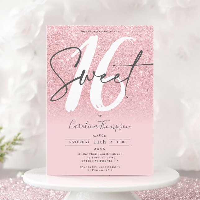 Convites Foto cor-de-rosa-reluzente ombre, cor-de-rosa, cor (Pink glitter ombre font blush photo Sweet 16 Invitation)