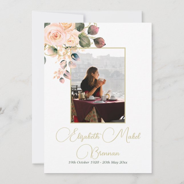 Convites Foto Cristã Funerária Elegante Rosa Rosa Floral (Verso)