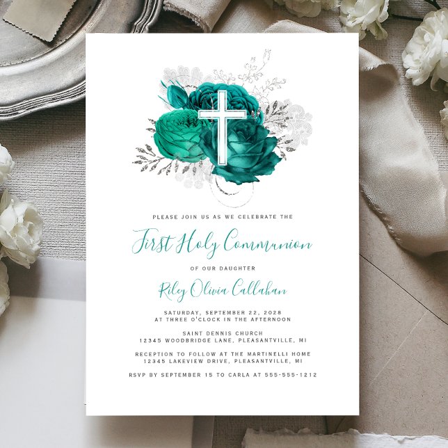 Convites Foto: Cross Teal Silver Floral First Communtion (Criador carregado)