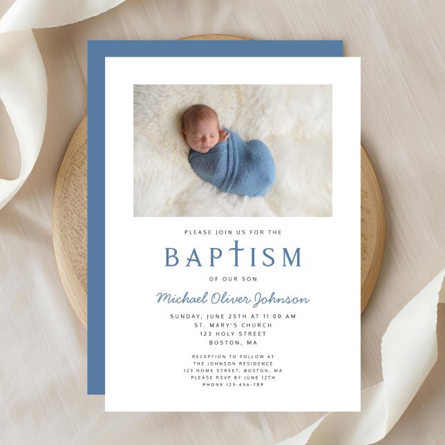 Convites Foto: Cruz Religiosa Blue Boy Baptism (Photo Religious Cross Blue Boy Baptism Invitation)