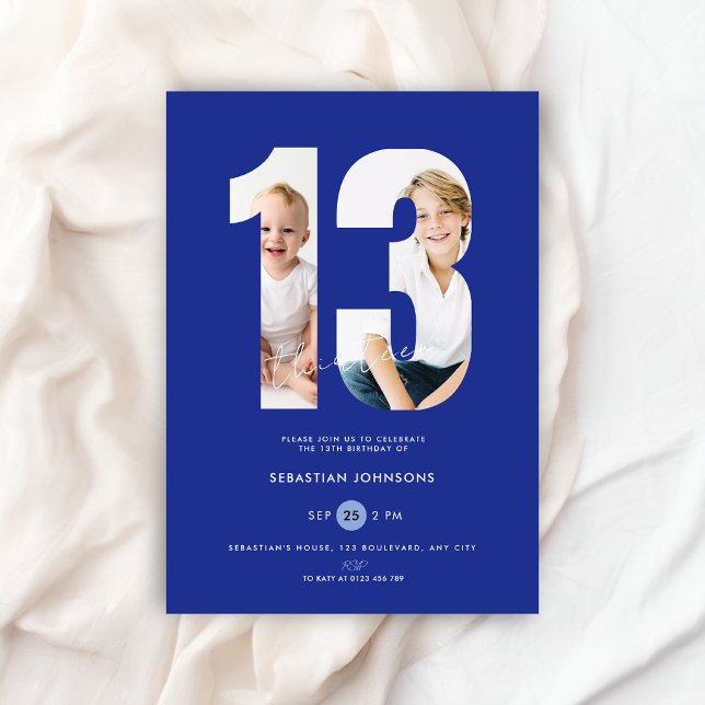 Convites Foto Customizada Roxa Meninos Número Aniversário d (13th birthday invitation dark blue for boys)