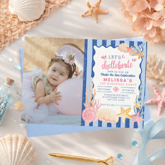 Convites Foto Cute Pink Shellebrate Concha Sob o Mar