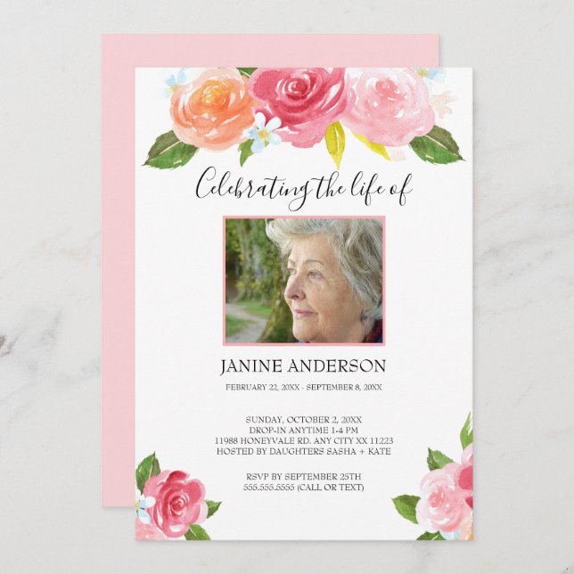 Convites Foto da celebração da Vida com cor-de-água rosa (Frente/Verso)
