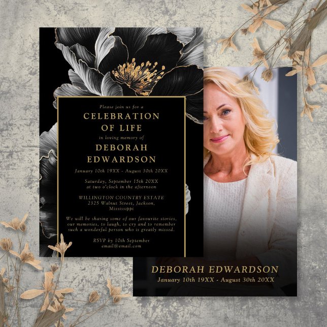 Convites Foto da celebração da vida floral preta e dourada (Black And Gold Floral Celebration Of Life Photo Invitation)