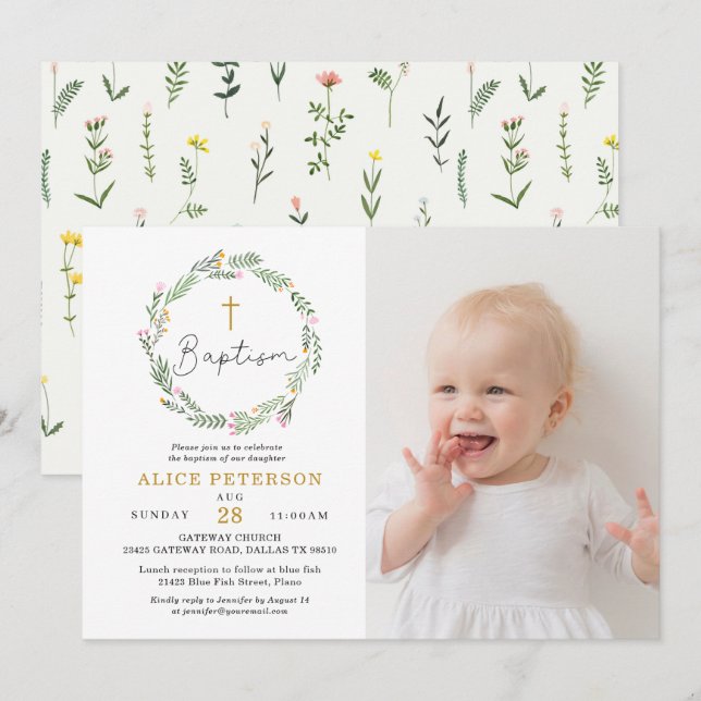 Convites Foto da Celebração do Batismo de Flores Selvagens (Frente/Verso)