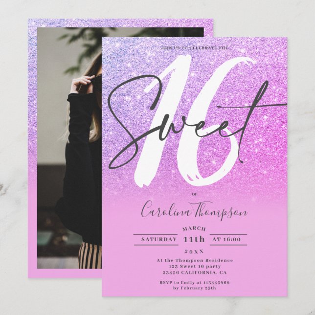 Convites Foto da cor rosa púrpura de brilho mbre Doce 16 (Frente/Verso)