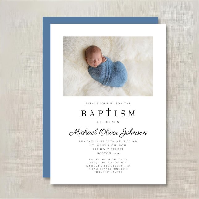 Convites Foto da Cruz Religiosa Blue Boy Baptism (Religious Cross Photo Blue Boy Baptism Invitation)