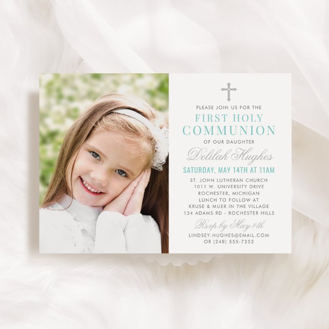 Convites Foto da Elegante Silver Teal First Communion Girl (Criador carregado)