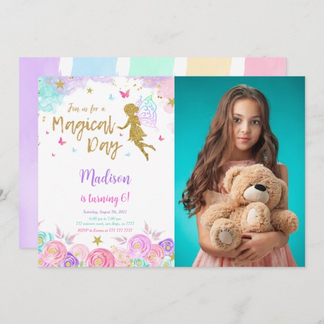 Convites Foto da Fada de Aniversário do 6 (Frente/Verso)