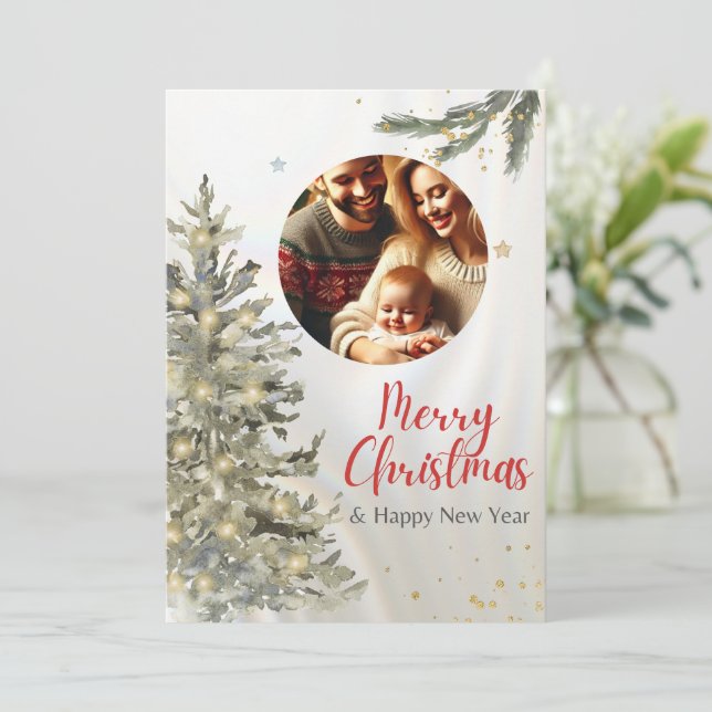 Convites Foto da família de Natal com Árvore e Feliz Ano No (Em pé/Frente)
