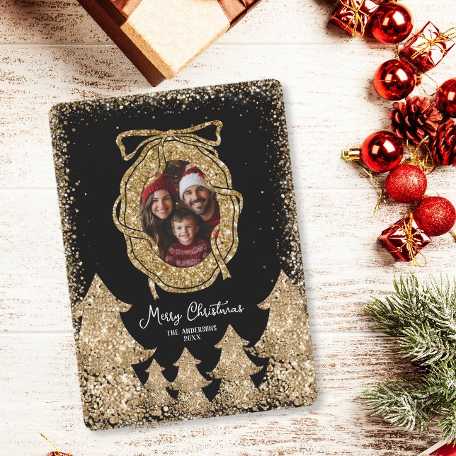 Convites Foto da família de Natal Feliz e Dourada Glitter (Criador carregado)