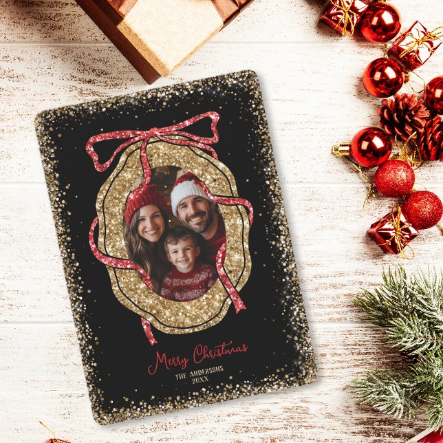 Convites Foto da Família Feliz de Natal, Dourada Vermelha (red and gold glitter bow photo frame christmas card)