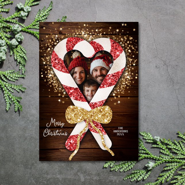 Convites Foto da família Rustic Candy Cane Frame (rustic wood and glitter candy cane)