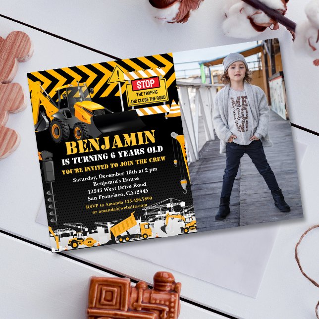 Convites Foto da Festa de aniversário de Construção Backhoe (Criador carregado)