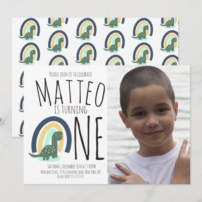 Convites Foto da Festa de aniversário do Arco-Íris do Dinos (Frente/Verso)