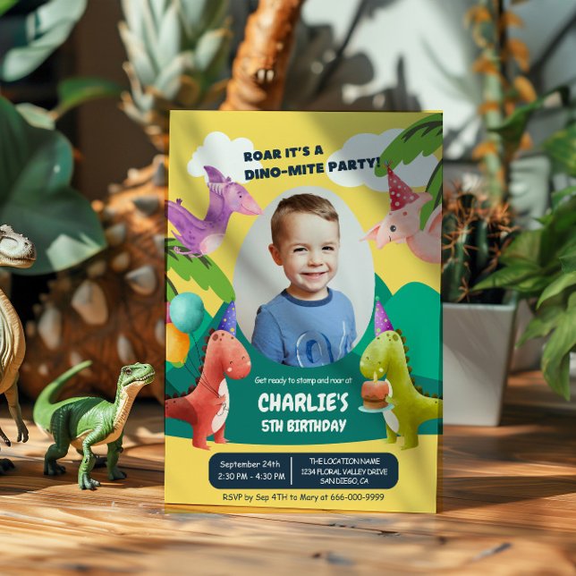 Convites Foto da Festa de aniversário do carro do dinossaur (Dinosaur Birthday Party Invitation with photo)