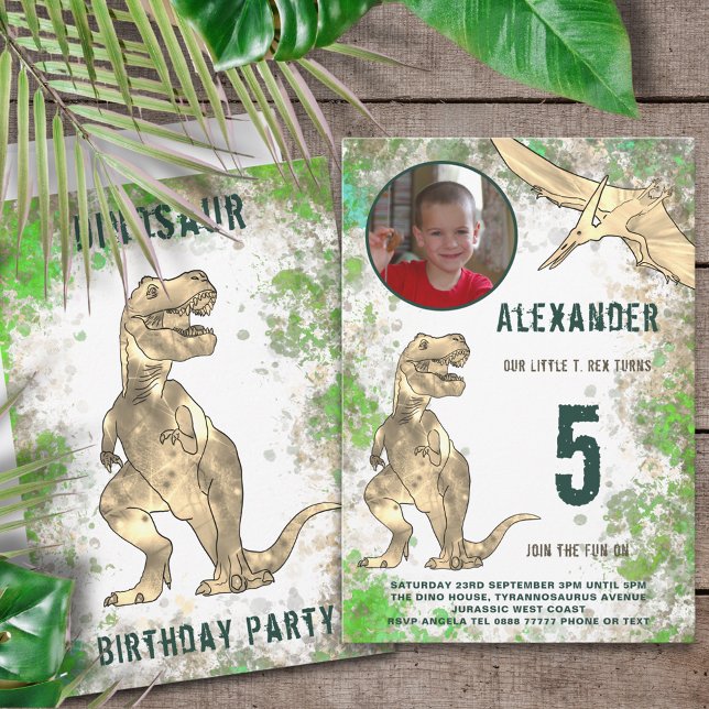 Convites Foto da Festa de aniversário do Dinossaur Jungle (Dinosaur jungle 5th birthday party invitation with photo template)