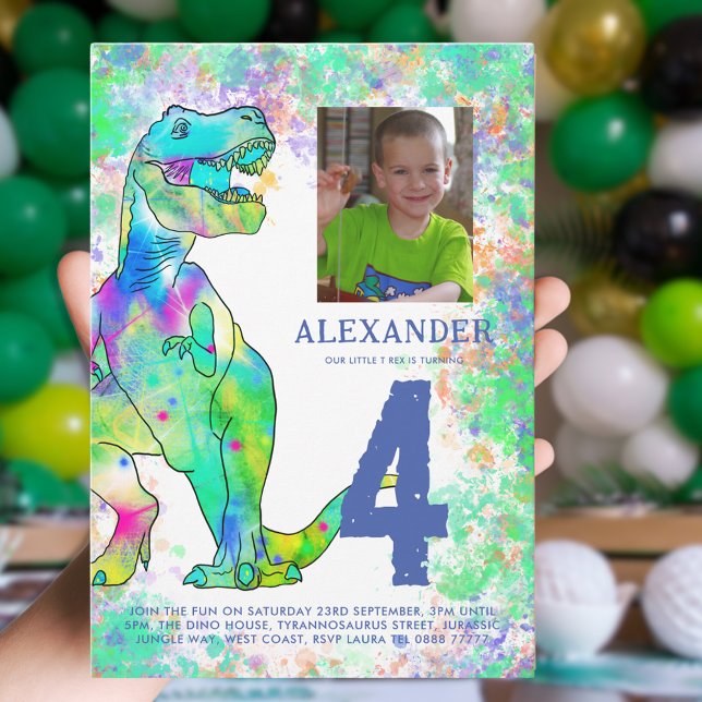 Convites Foto da Festa de aniversário do Dinossauro T-Rex (Colorful T-Rex dinosaur 4th birthday party invitation with kids photo)