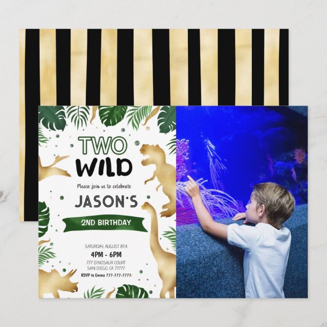 Convites Foto da Festa de aniversário do Dinossauro Verde e (Frente/Verso)