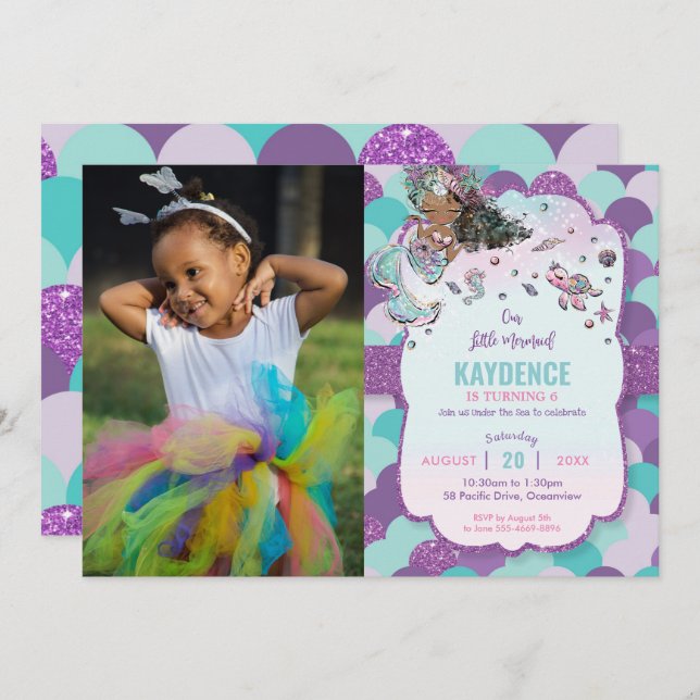 Convites Foto da Festa de aniversário Mermaid African Ameri (Frente/Verso)