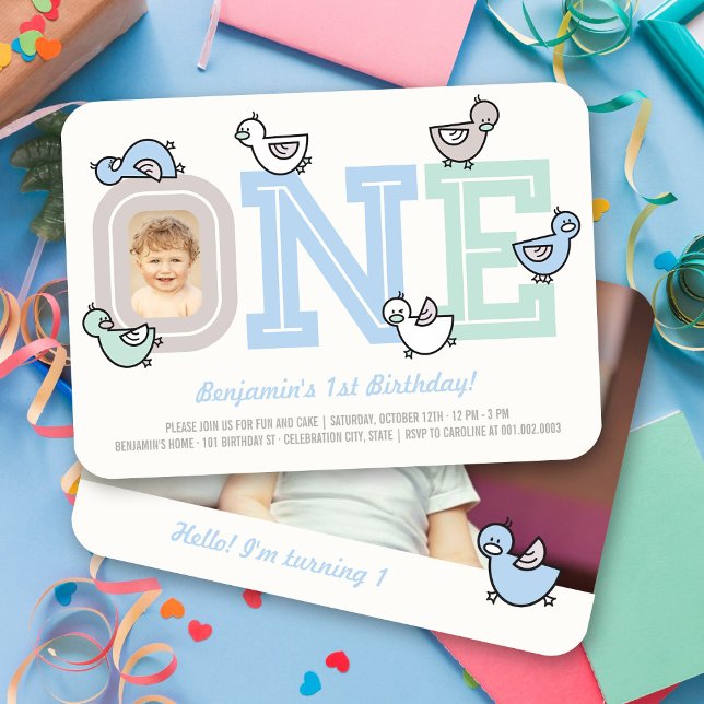 Convites Foto da Festa de primeiro aniversario do Big One B (Pastel Blue Cute Ducks Big One Boy's 1st Birthday Party Photo Invitation @ fatfatin_mini_me)