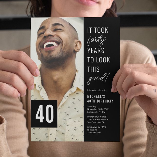 Convites Foto da festa do aniversário de 40 anos branco e p (Criador carregado)
