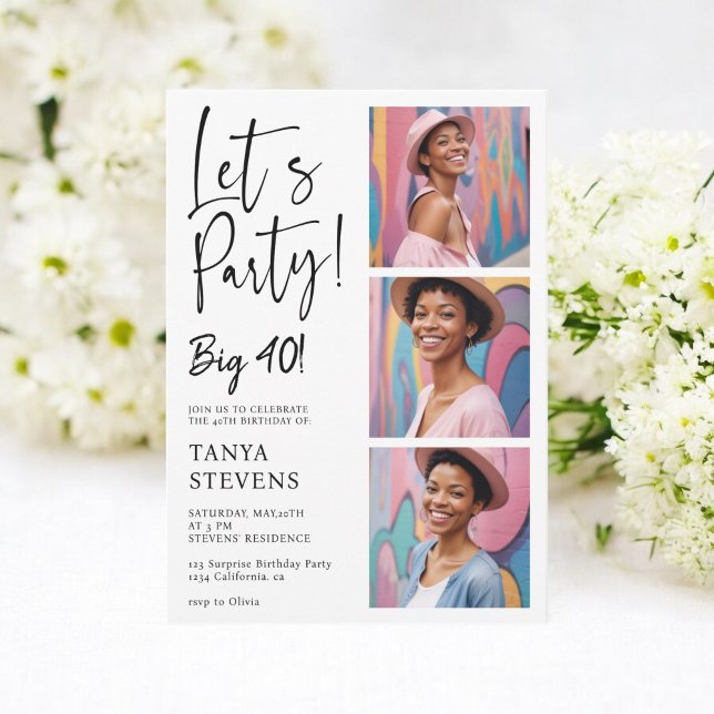 Convites Foto da festa do vamos surpresa negra de quarenta  (Let's party photo black surprise forty birthday invitation)