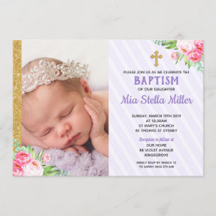 Convites Foto da Garota Chic Purple Floral Baptism Christen