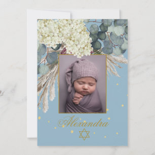 Convites Foto da JewGirl Baby Naming Floral Blue Dourado
