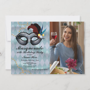 Convites Foto da máscara azul Dourada da Festa de aniversár
