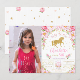 Convites Foto da Menina de Aniversário do Cavalo Floral Ros