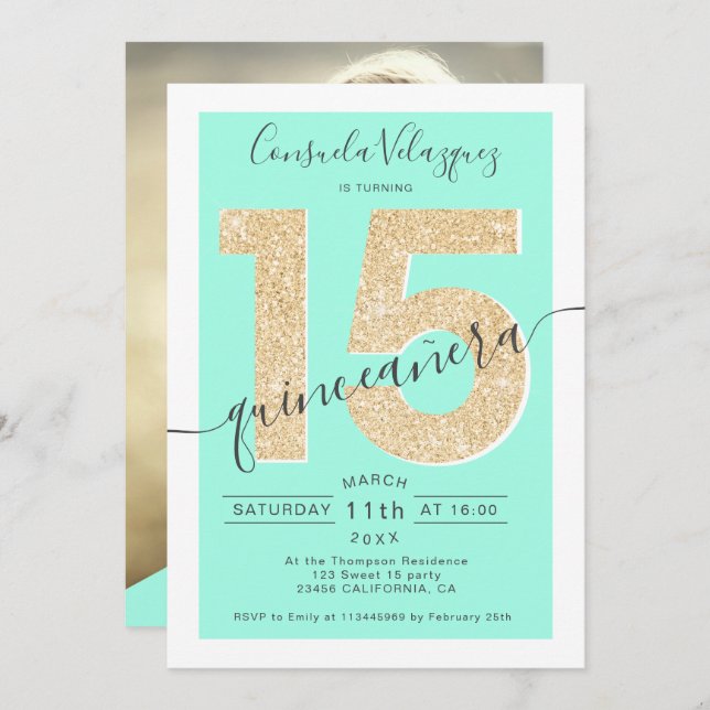 Convites Foto da mint quinceanera do script de relva dourad (Frente/Verso)