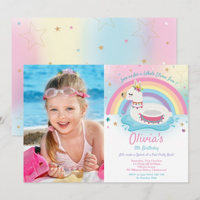 Convites Foto da Piscina Rainbow Llama Birthday Girl (Frente/Verso)