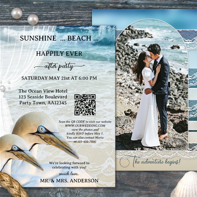 Convites Foto da Praia de Gannet QR Felizmente Depois Do Ca (Happily ever after beach wedding invitation with elegant gannets and QR code template)