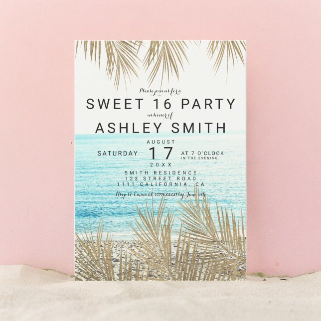 Convites Foto da praia de palmeira dourada moderna doce 16 (Modern faux gold palm tree beach photo Sweet 16 Invitation)