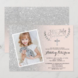 Convites Foto da primeira comunhão cor-de-rosa-rosa