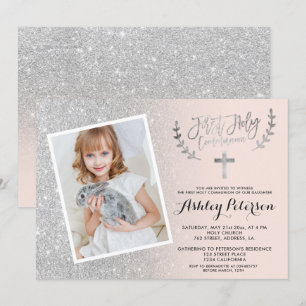 Convites Foto da primeira comunhão cor-de-rosa-rosa
