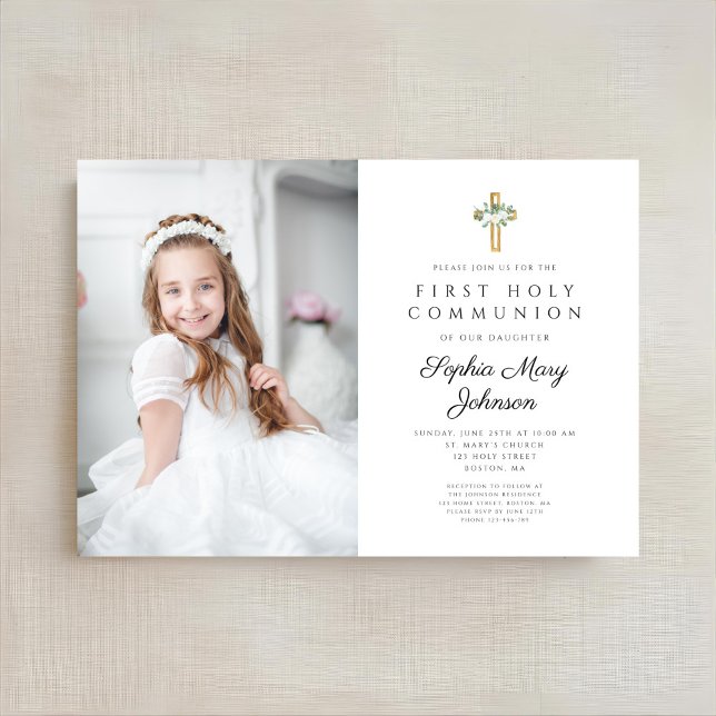 Convites Foto da Primeira Comunhão da Garota Floral Branca  (Elegant White Floral Girl First Communion Photo Invitation)